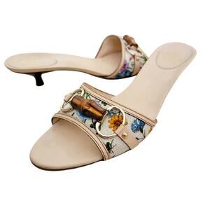 Gucci Vintage Flora Canvas Bamboo Horsebit Slide Shoes Floral Mules Size 8.5